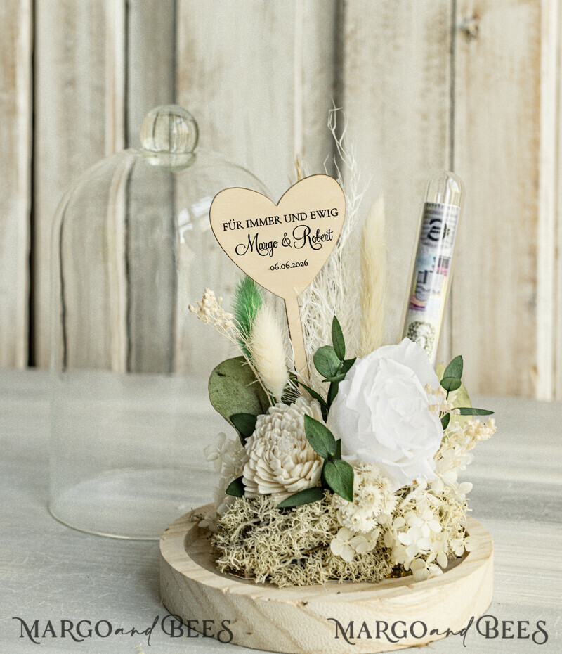 Geschenkschachtel für Geld Geldgeschenk zur Hochzeit mit Strauß aus Trockenblumen personalisiert