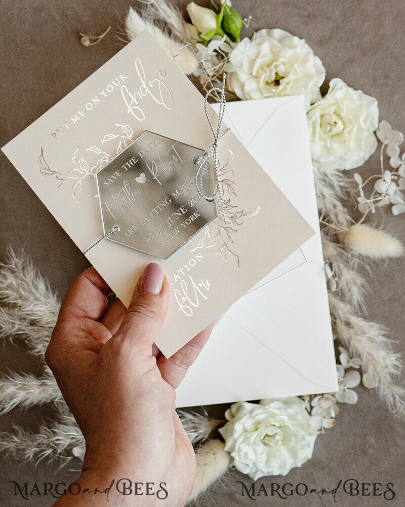 Luxory Silver Acrylic hexagon Save the Date Magnet and Card, Wedding Save The Dates Plexi Magnets, Wedding Boho Save The Date Cards