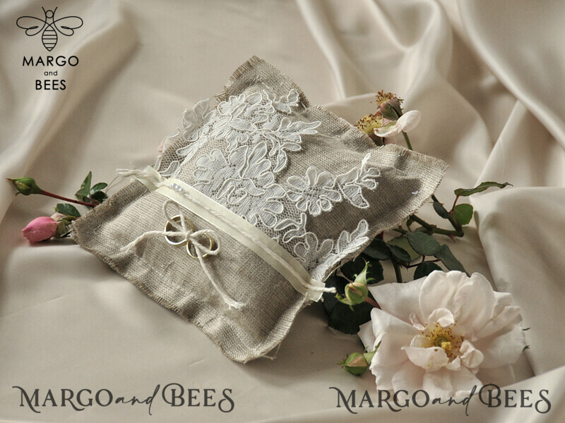 Pillow for Personalized Wedding Bands: Handmade Lace Ring Box and Rustic Linen Ring Bearer Pillow-2