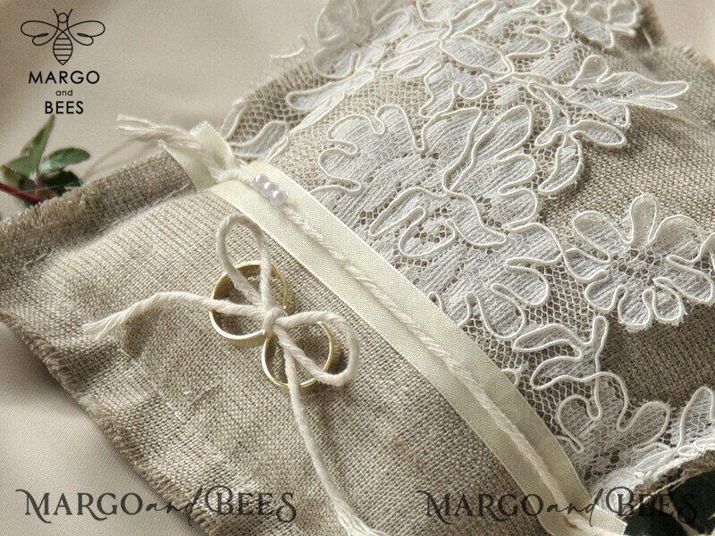 Pillow for Personalized Wedding Bands: Handmade Lace Ring Box and Rustic Linen Ring Bearer Pillow-3