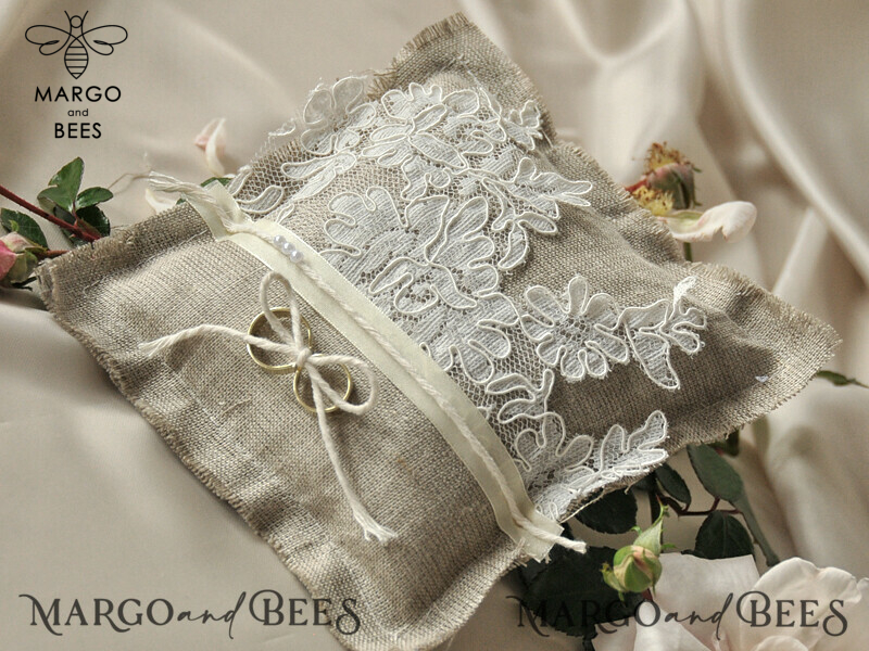 Pillow for Personalized Wedding Bands: Handmade Lace Ring Box and Rustic Linen Ring Bearer Pillow-4