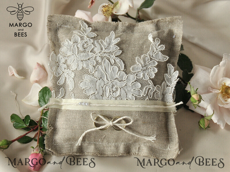 Pillow for Personalized Wedding Bands: Handmade Lace Ring Box and Rustic Linen Ring Bearer Pillow-0
