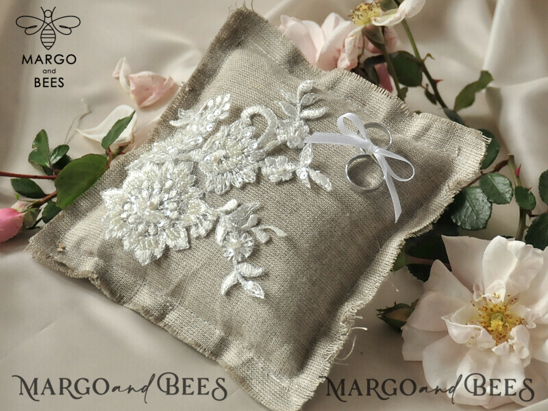Presonaised Vintage Wedding Ring Box and Boho Linen Ring Bearer Pillow-1