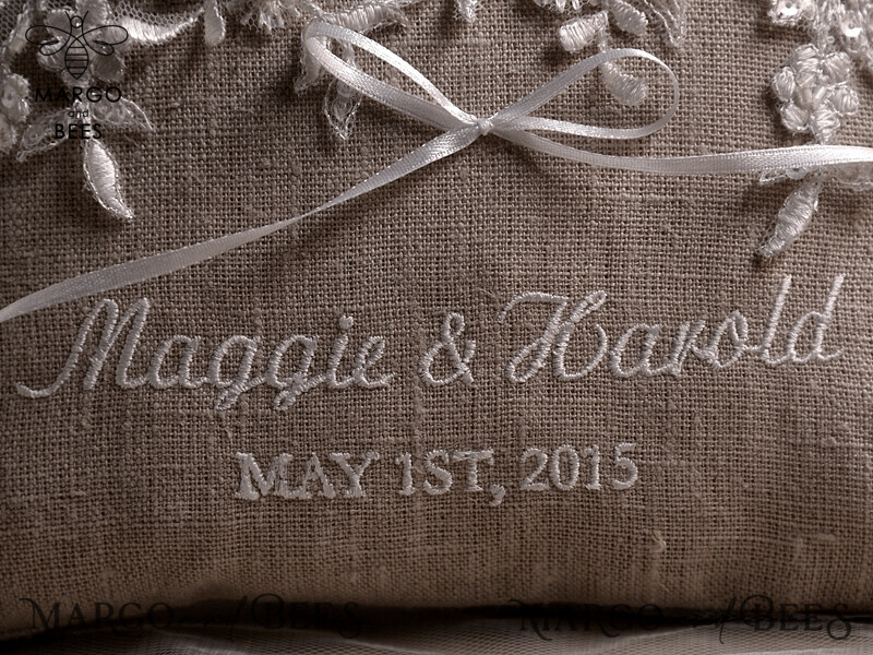 Personalised Vintage Wedding Box: His and Hers Ring Pillow Set with Custom Linen Ring Bearer Pillow - Boho Inspired-2