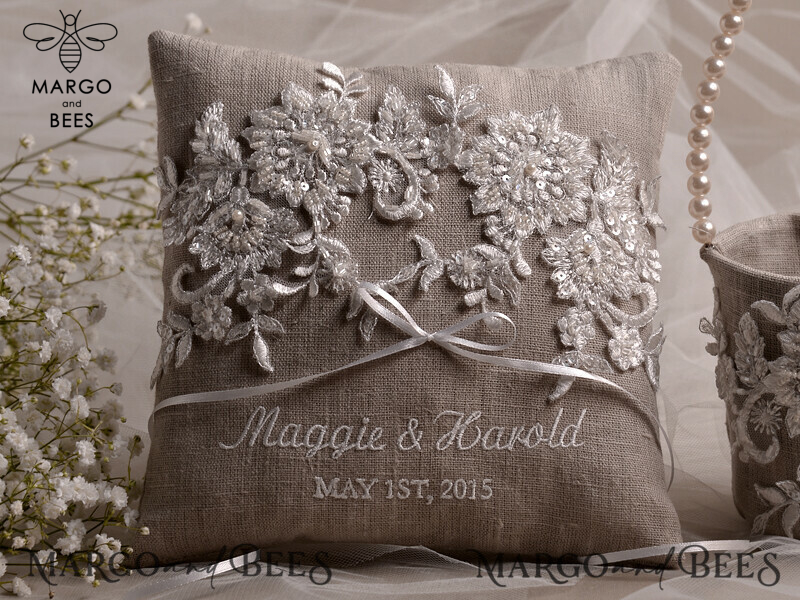 Personalised Vintage Wedding Box: His and Hers Ring Pillow Set with Custom Linen Ring Bearer Pillow - Boho Inspired-3