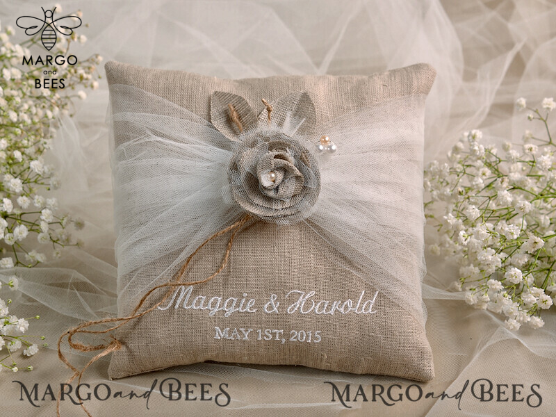 Personalised His and Hers Wedding Box with Boho Linen Ring Bearer Pillow-1