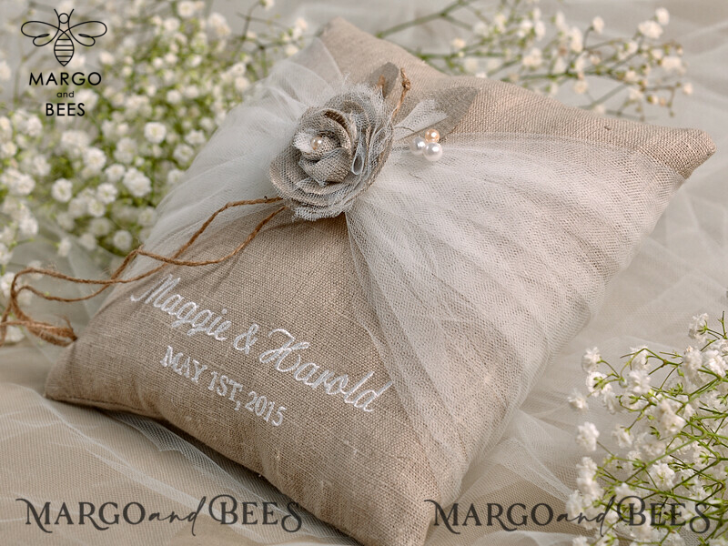 Personalised His and Hers Wedding Box with Boho Linen Ring Bearer Pillow-2