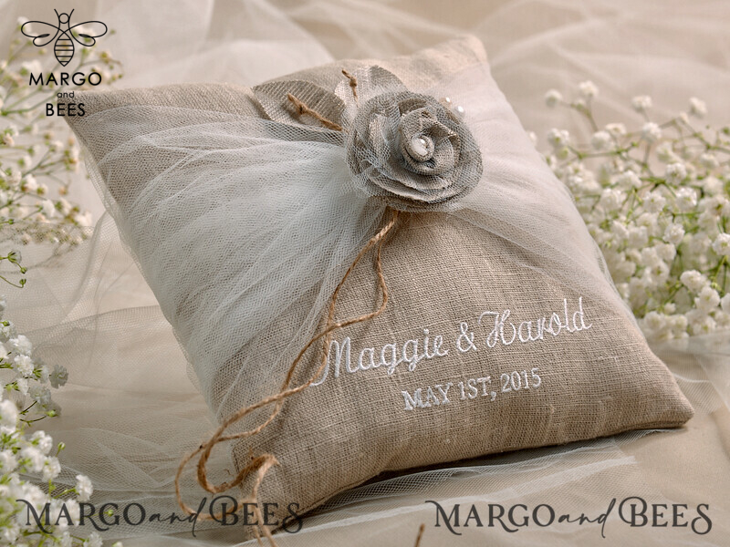 Personalised His and Hers Wedding Box with Boho Linen Ring Bearer Pillow-3
