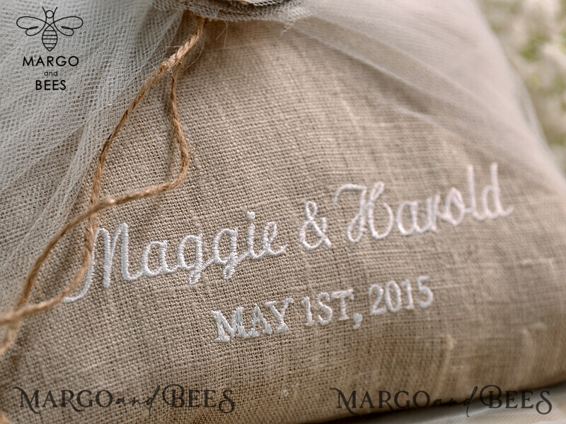 Personalised His and Hers Wedding Box with Boho Linen Ring Bearer Pillow-4