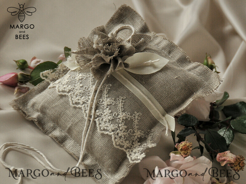 Pillow • Personalized Wedding Ring Box for 2 or 3 Rings • Custom Boho Linen Ring Bearer Pillow-1