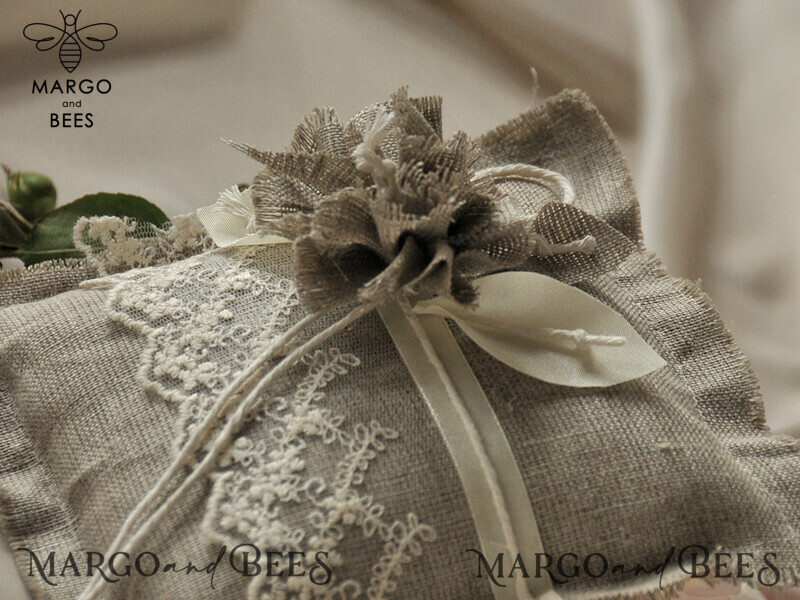 Pillow • Personalized Wedding Ring Box for 2 or 3 Rings • Custom Boho Linen Ring Bearer Pillow-2