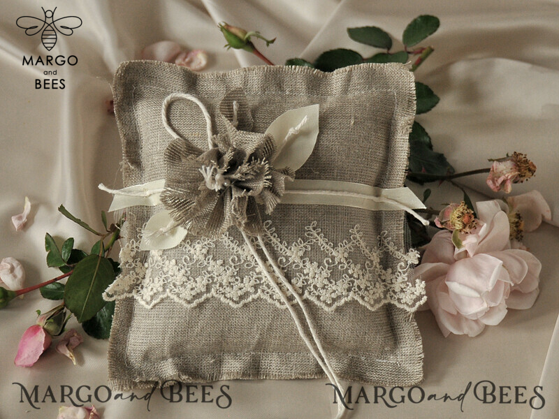 Pillow • Personalized Wedding Ring Box for 2 or 3 Rings • Custom Boho Linen Ring Bearer Pillow-4