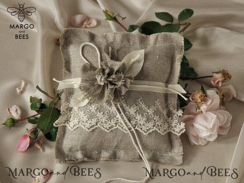 Pillow • Personalized Wedding Ring Box for 2 or 3 Rings • Custom Boho Linen Ring Bearer Pillow-0