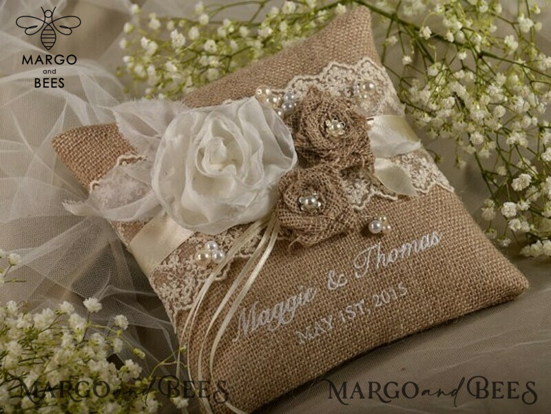 Boho Vintage Lace Wedding Ring Pillow: Embroidered and Personalized Rustic Ring Bearer Pillow-1