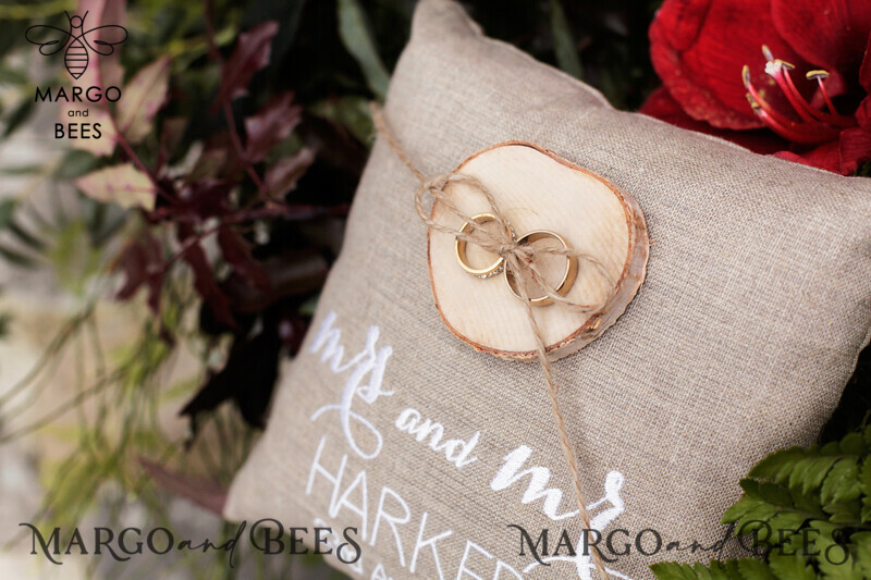 Pillow Box for Personalized Wedding Bands: Boho Linen Ring Bearer Pillow and Customized Ring Holder-2