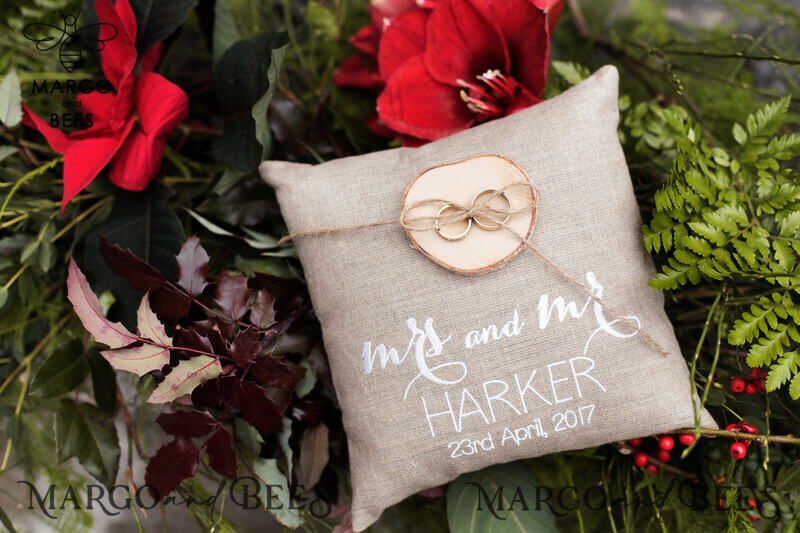 Pillow Box for Personalized Wedding Bands: Boho Linen Ring Bearer Pillow and Customized Ring Holder-0