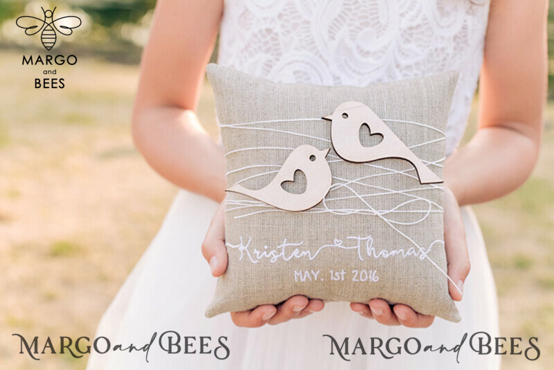 Boho Vintage Lace Wedding Ring Pillow: Embroidered and Personalised with Lovebirds-0