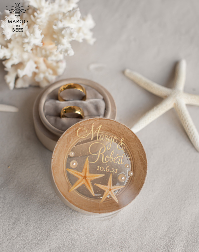 wedding beach ring Box, engraved wedding ring box  • personalised rustic ring box • real Starfish luxury ring box-3