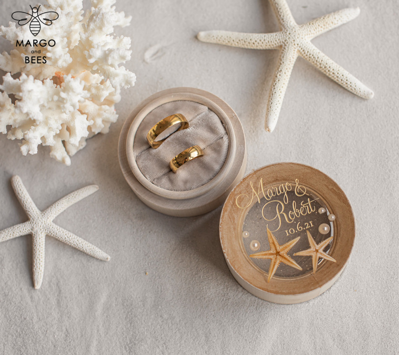 wedding beach ring Box, engraved wedding ring box  • personalised rustic ring box • real Starfish luxury ring box-5