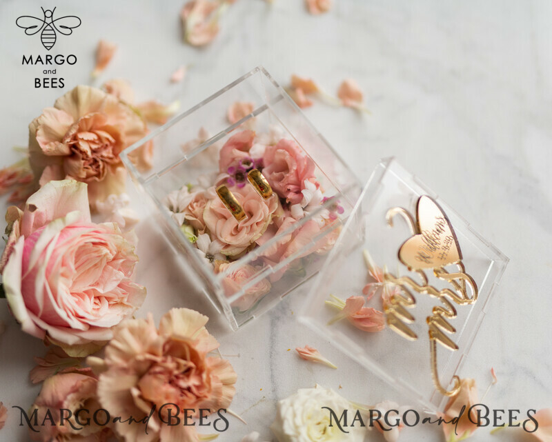 Clear Acrylic Wedding Ring Box with Handmade Gold Glam Design - A Mirror Gold Luxury Ring Bearer Box-1
