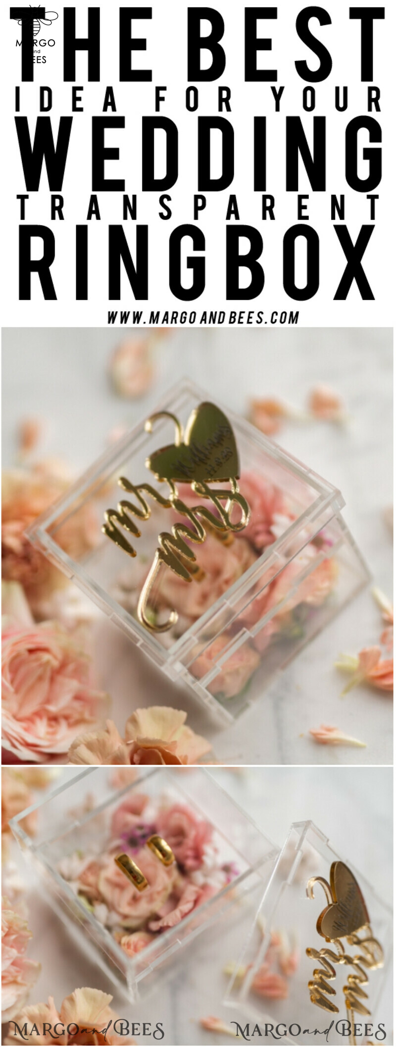 Clear Acryl wedding bearers, Gold glam wedding ring box  • handmade ring bearer box • Mirror Gold luxury ring box-10