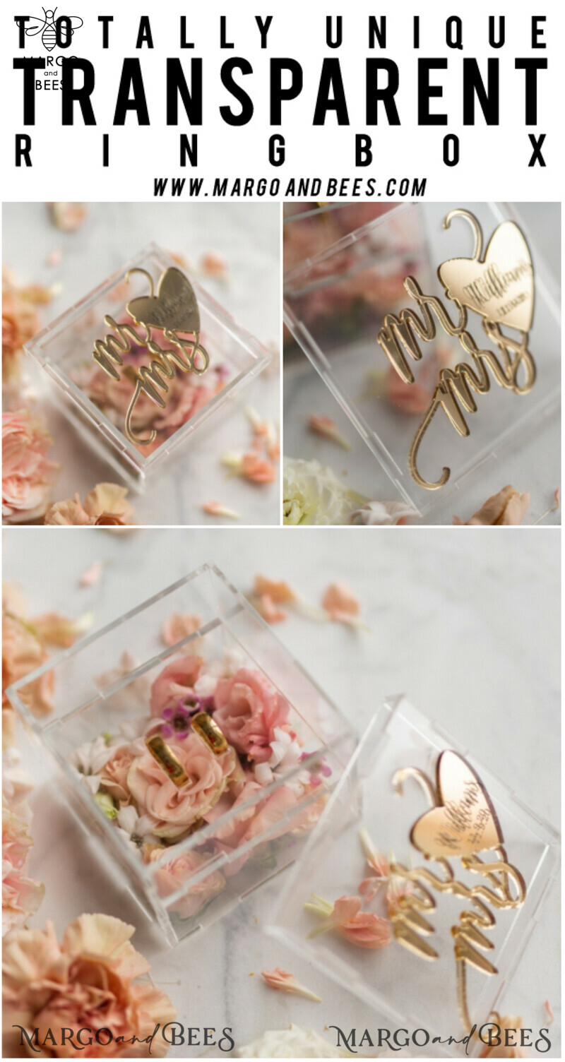 Clear Acrylic Wedding Ring Box with Handmade Gold Glam Design - A Mirror Gold Luxury Ring Bearer Box-11