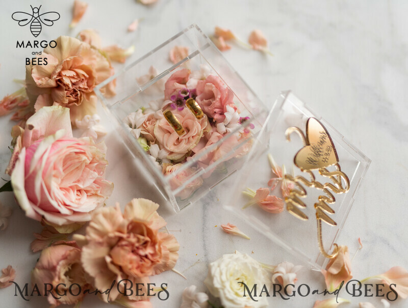 Clear Acryl wedding bearers, Gold glam wedding ring box  • handmade ring bearer box • Mirror Gold luxury ring box-3