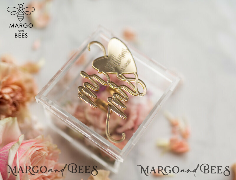 Clear Acryl wedding bearers, Gold glam wedding ring box  • handmade ring bearer box • Mirror Gold luxury ring box-6
