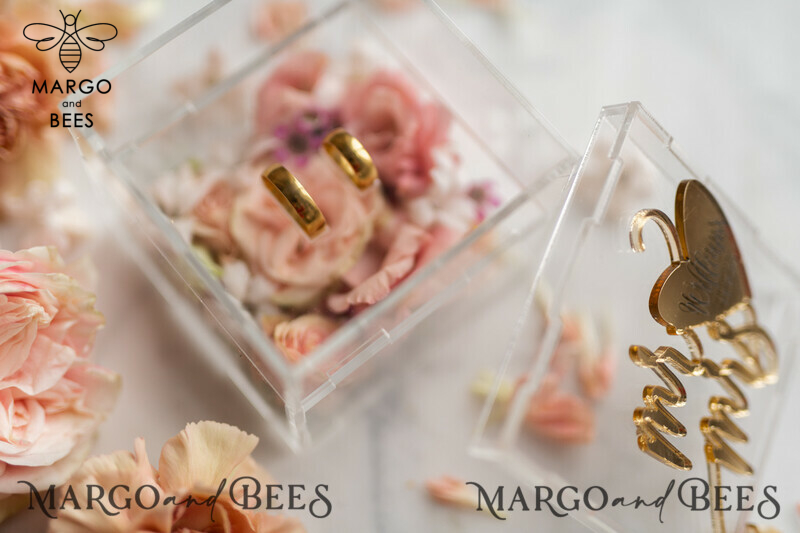 Clear Acrylic Wedding Ring Box with Handmade Gold Glam Design - A Mirror Gold Luxury Ring Bearer Box-7