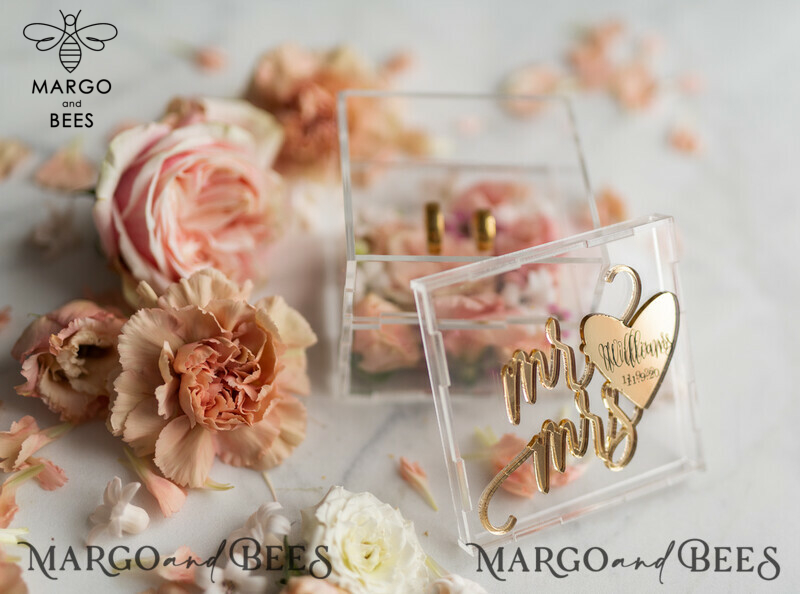Clear Acrylic Wedding Ring Box with Handmade Gold Glam Design - A Mirror Gold Luxury Ring Bearer Box-8