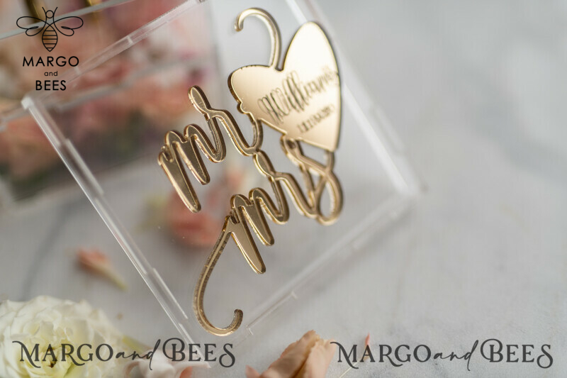 Clear Acryl wedding bearers, Gold glam wedding ring box  • handmade ring bearer box • Mirror Gold luxury ring box-9