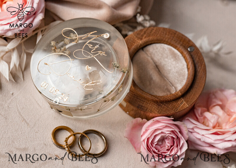 Boho Epoxy Resin and Wood Wedding Ring Box for Ceremony: Transparent Double Ring Box with Wood Resin Flowers for His and Hers, Perfect for Marriage Proposal-3