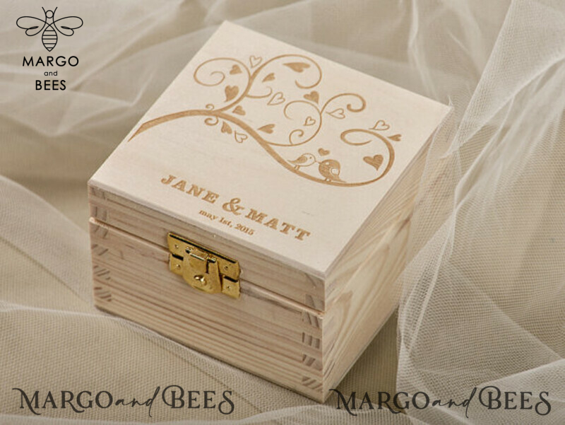 Custom Engraved His and Hers Wooden Wedding Ring Box with Real Flowers in Resin - Rustic Ring Bearer Box-2