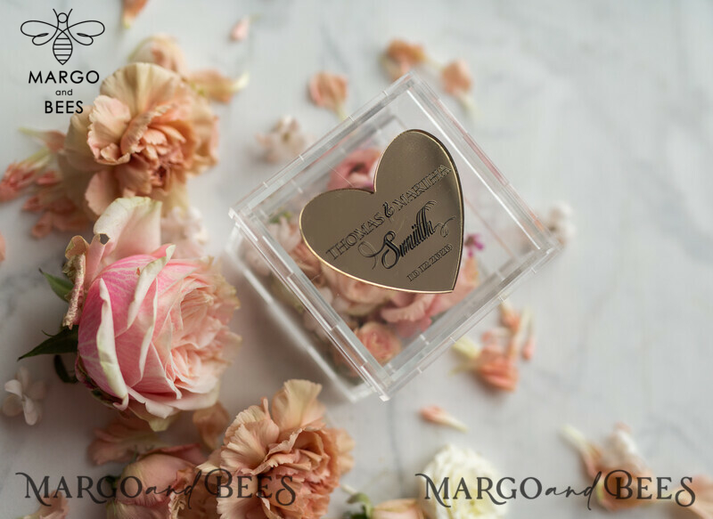 Clear transparent wedding box, wood wedding ring box  • Gold wedding rings box • Gold Heart luxury ring box-1