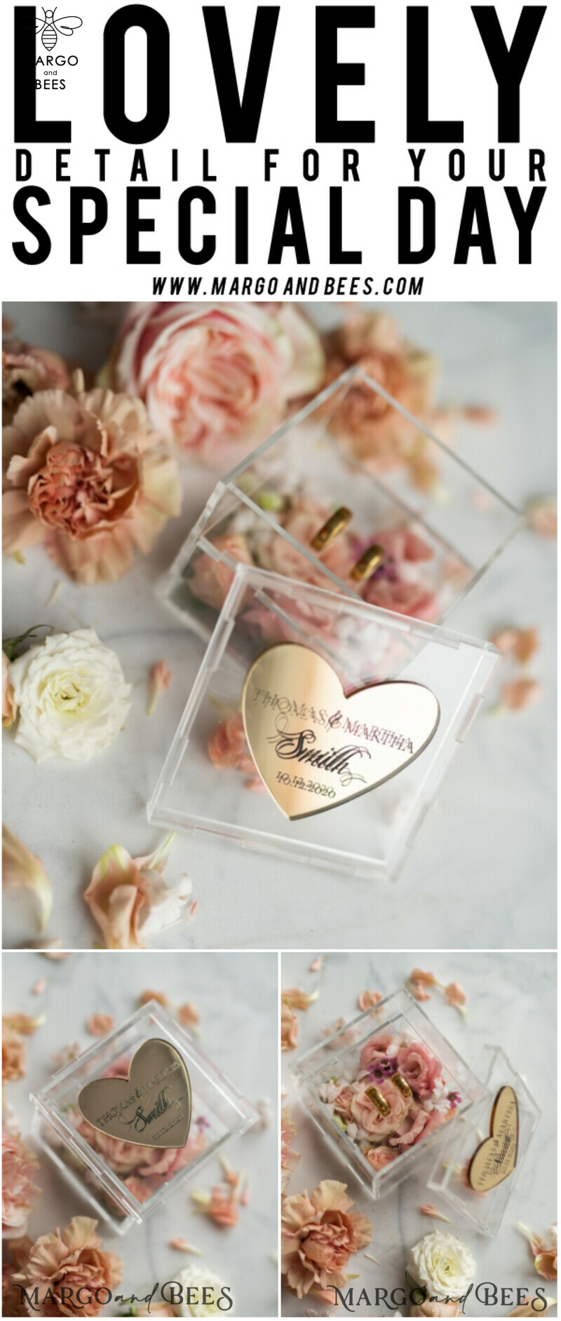Clear transparent wedding box, wood wedding ring box  • Gold wedding rings box • Gold Heart luxury ring box-10