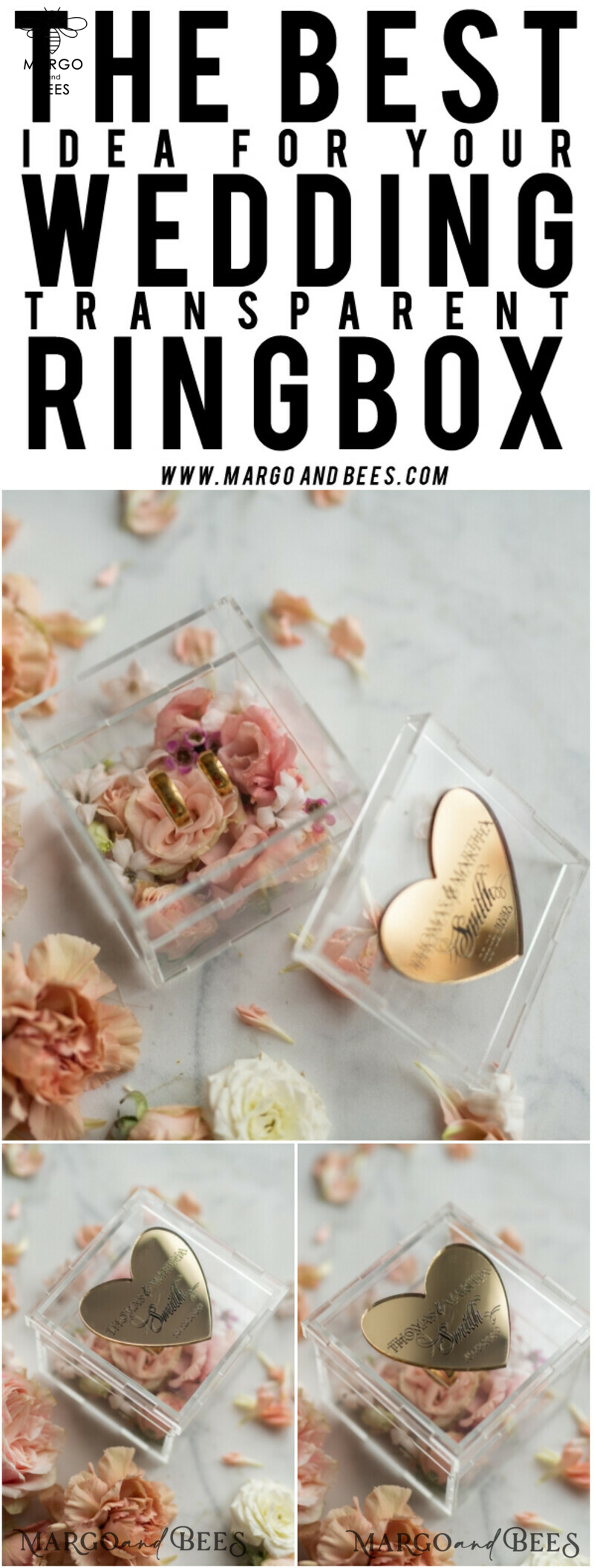 Clear transparent wedding box, wood wedding ring box  • Gold wedding rings box • Gold Heart luxury ring box-11