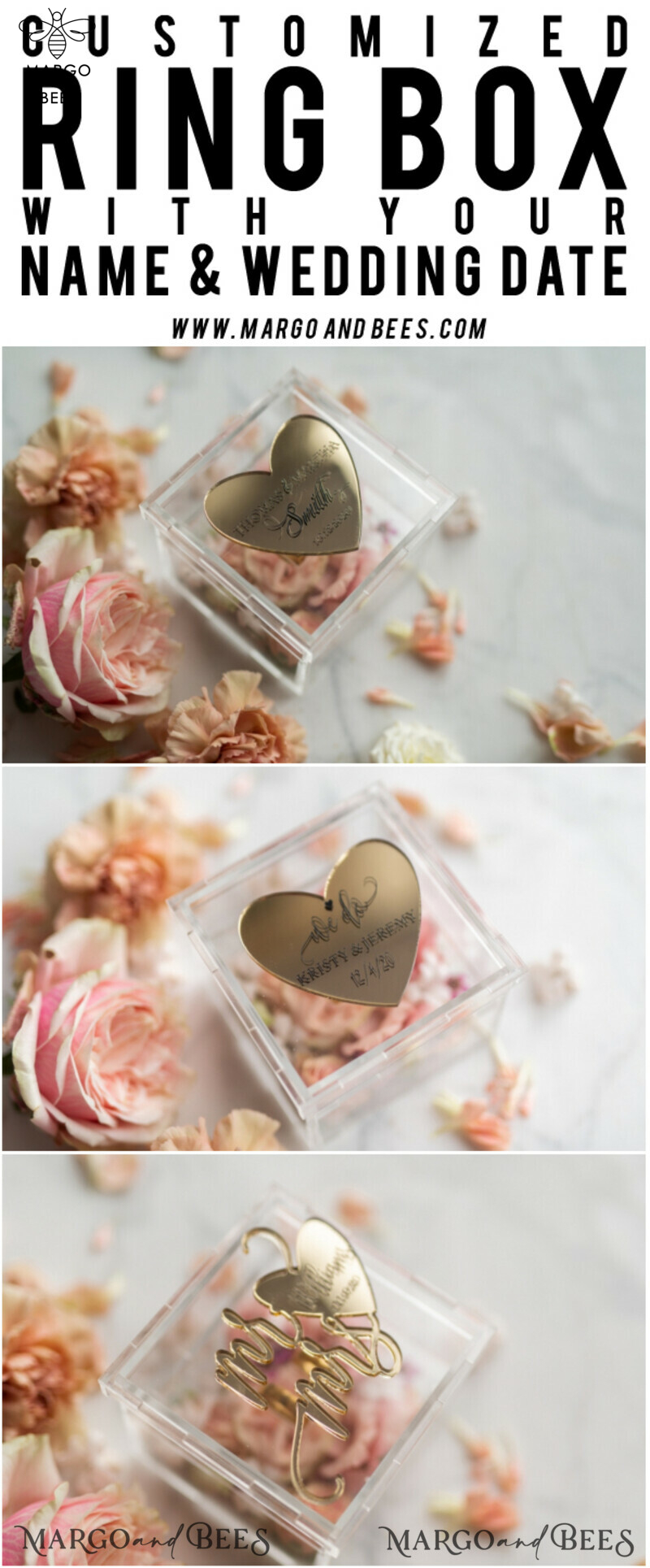 Clear transparent wedding box, wood wedding ring box  • Gold wedding rings box • Gold Heart luxury ring box-12