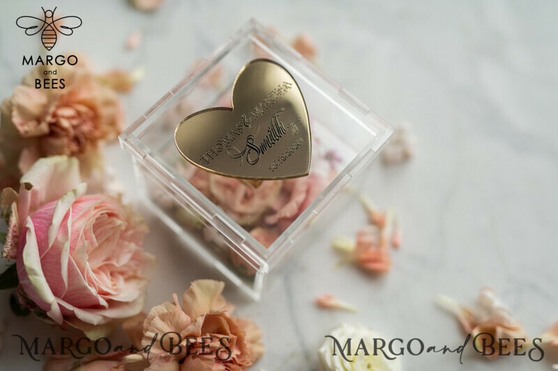 Clear transparent wedding box, wood wedding ring box  • Gold wedding rings box • Gold Heart luxury ring box-2