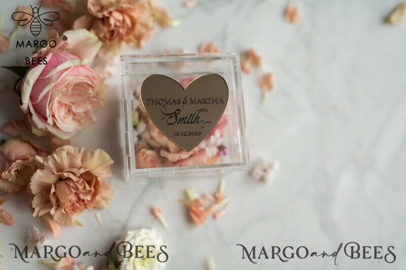 Clear transparent wedding box, wood wedding ring box  • Gold wedding rings box • Gold Heart luxury ring box-3