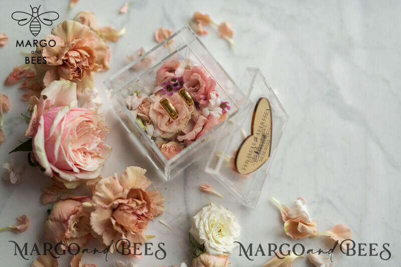 Clear transparent wedding box, wood wedding ring box  • Gold wedding rings box • Gold Heart luxury ring box-4