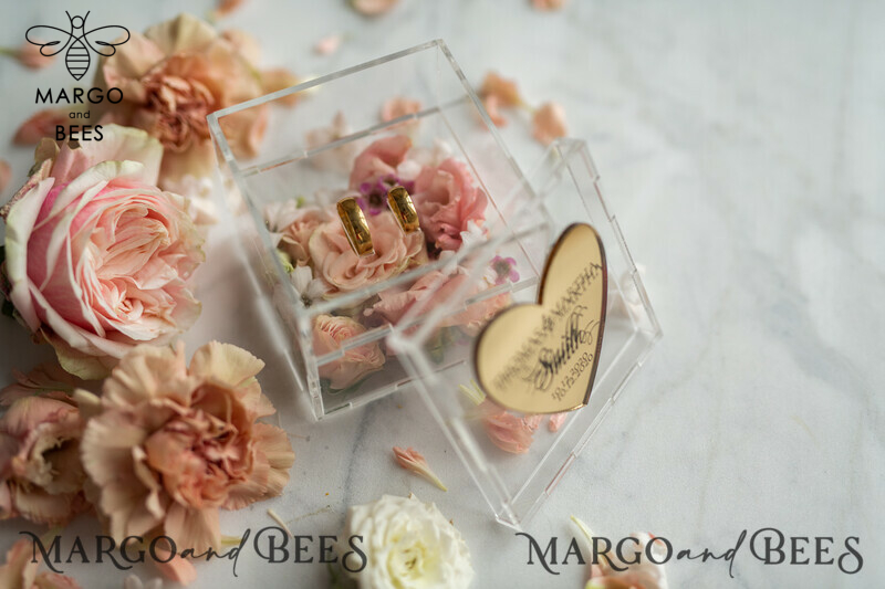 Clear transparent wedding box, wood wedding ring box  • Gold wedding rings box • Gold Heart luxury ring box-6