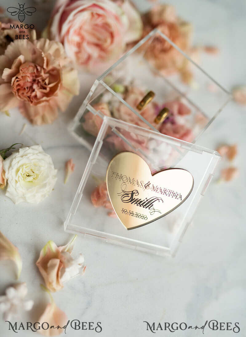 Clear transparent wedding box, wood wedding ring box  • Gold wedding rings box • Gold Heart luxury ring box-7