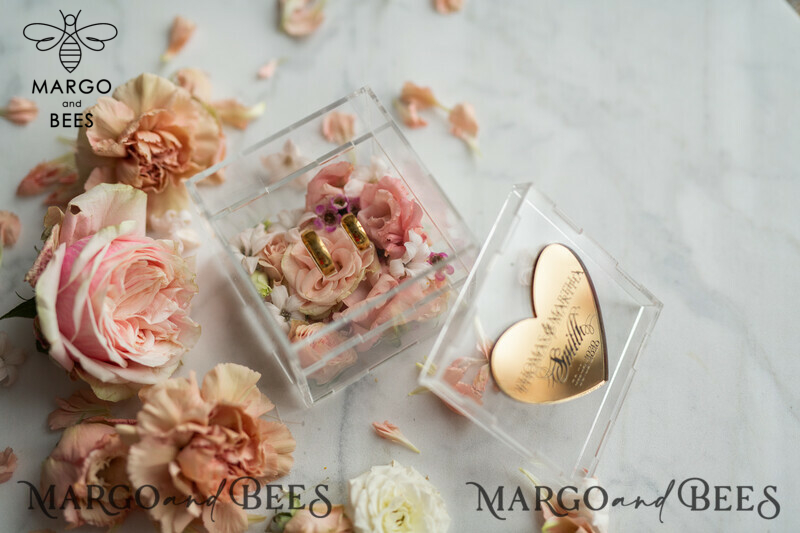 Clear transparent wedding box, wood wedding ring box  • Gold wedding rings box • Gold Heart luxury ring box-9