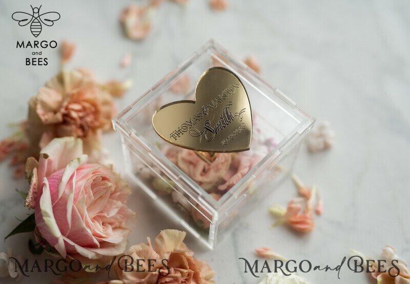 Clear transparent wedding box, wood wedding ring box  • Gold wedding rings box • Gold Heart luxury ring box-0