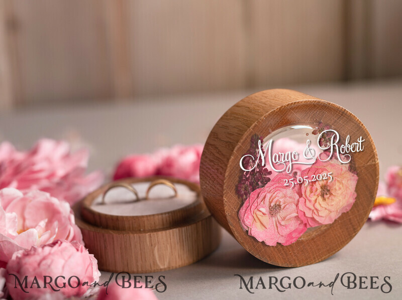 Elegant Epoxy Wedding Ring Box, Customized Resin Ring Box With Engraving, Minimalistic Real Flower Wedding Ring Box With Velvet, Rustic Wedding Stationery-2