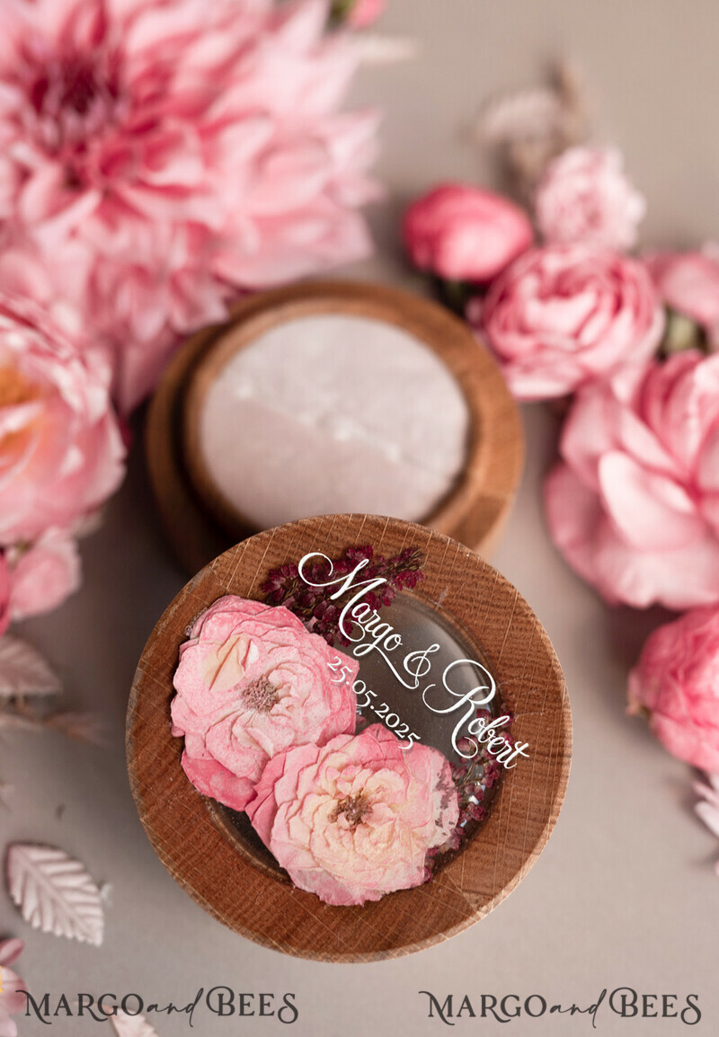 Elegant Epoxy Wedding Ring Box, Customized Resin Ring Box With Engraving, Minimalistic Real Flower Wedding Ring Box With Velvet, Rustic Wedding Stationery-3