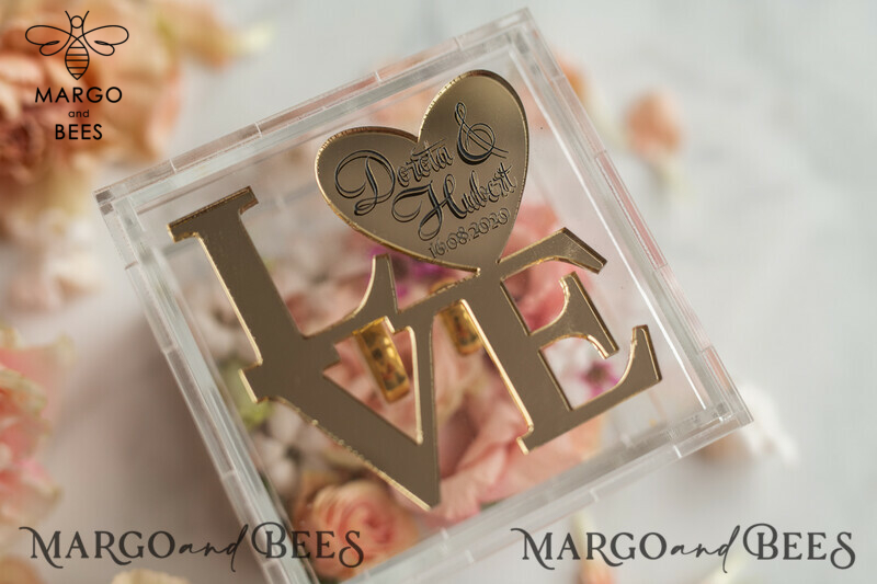Gold Love wedding Box, rustic glam wedding ring box  • handmade ring bearer box • Clear Transparent luxury ring box-9