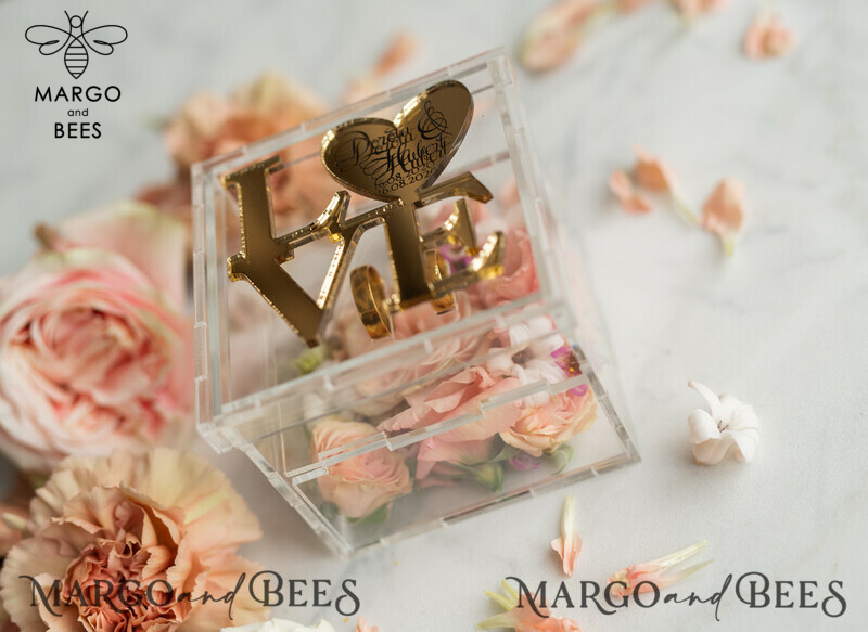 Gold Love wedding Box, rustic glam wedding ring box  • handmade ring bearer box • Clear Transparent luxury ring box-10
