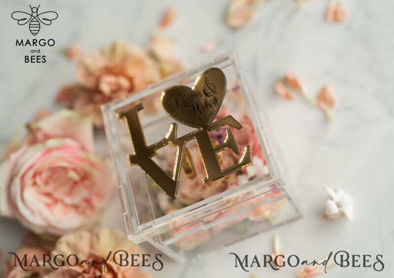 Gold Love wedding Box, rustic glam wedding ring box  • handmade ring bearer box • Clear Transparent luxury ring box-11