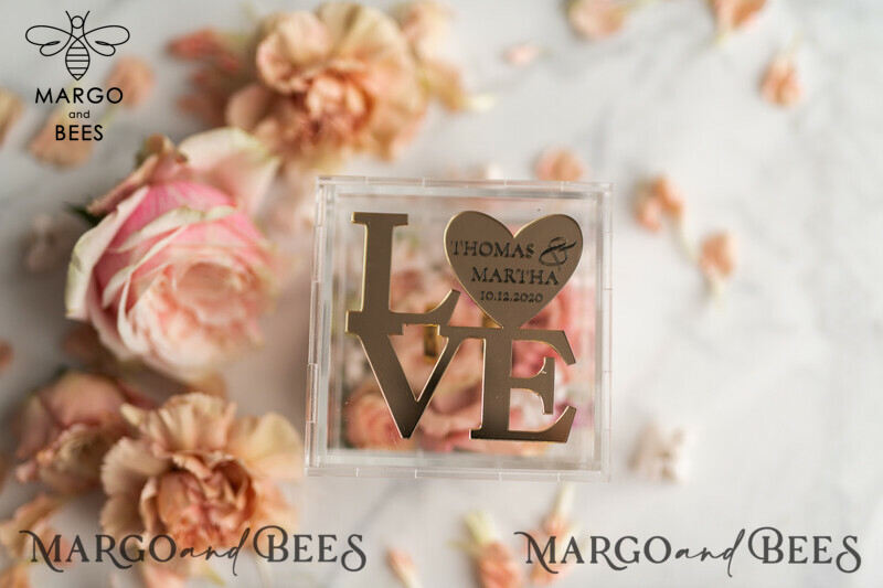 Gold Love wedding Box, rustic glam wedding ring box  • handmade ring bearer box • Clear Transparent luxury ring box-16